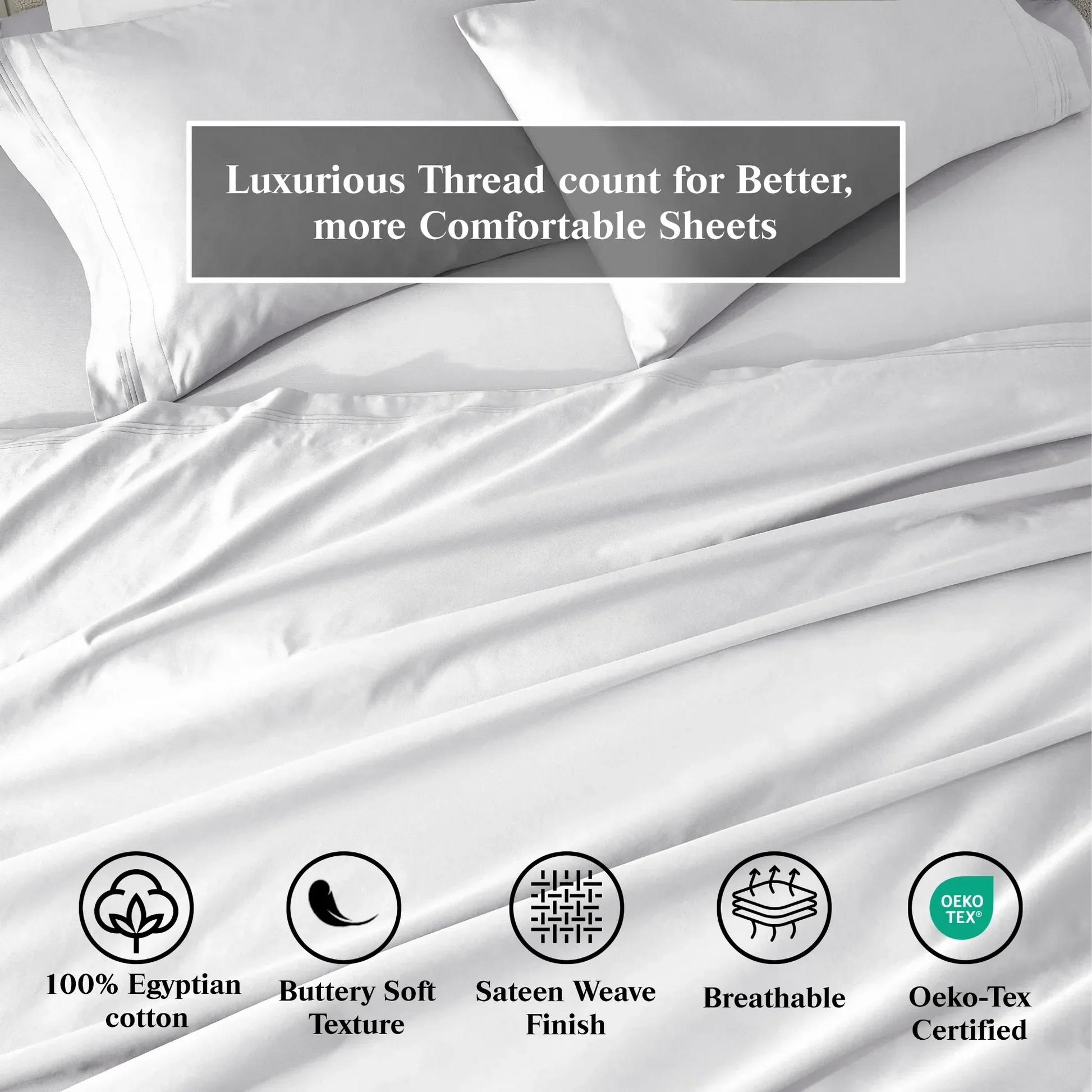 White Egyptian Cotton Sateen Sheet Set infographic showing product benefits and Oeko-Tex certification