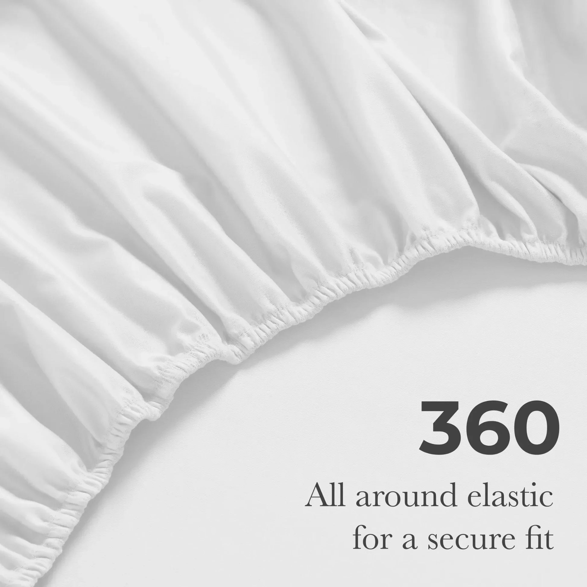 White Egyptian Cotton fitted sheet showing 360-degree all-around elastic feature