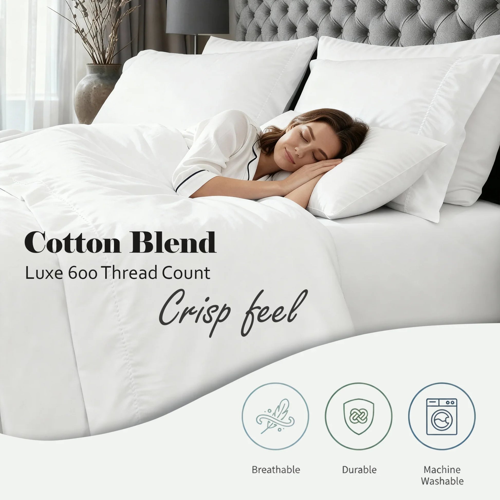 White luxe 600 thread count cotton blend sheet set feature graphic highlighting breathability, durability, and machine washability.
