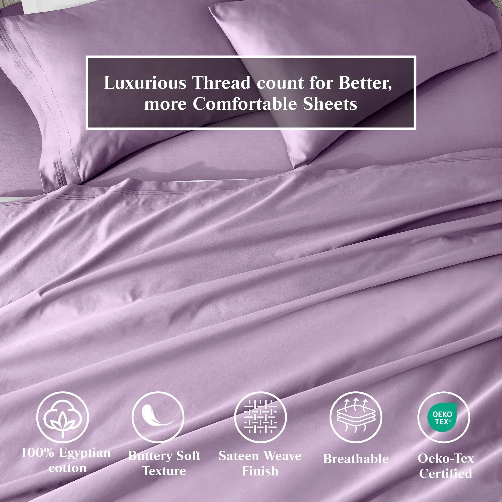 Wisteria Egyptian Cotton Sateen Sheet Set infographic highlighting product features and Oeko-Tex certification