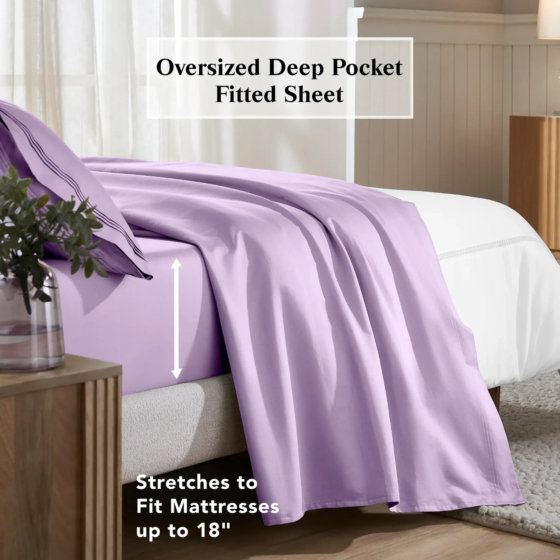 Wisteria deep pocket fitted sheet showing an 18-inch mattress fit feature