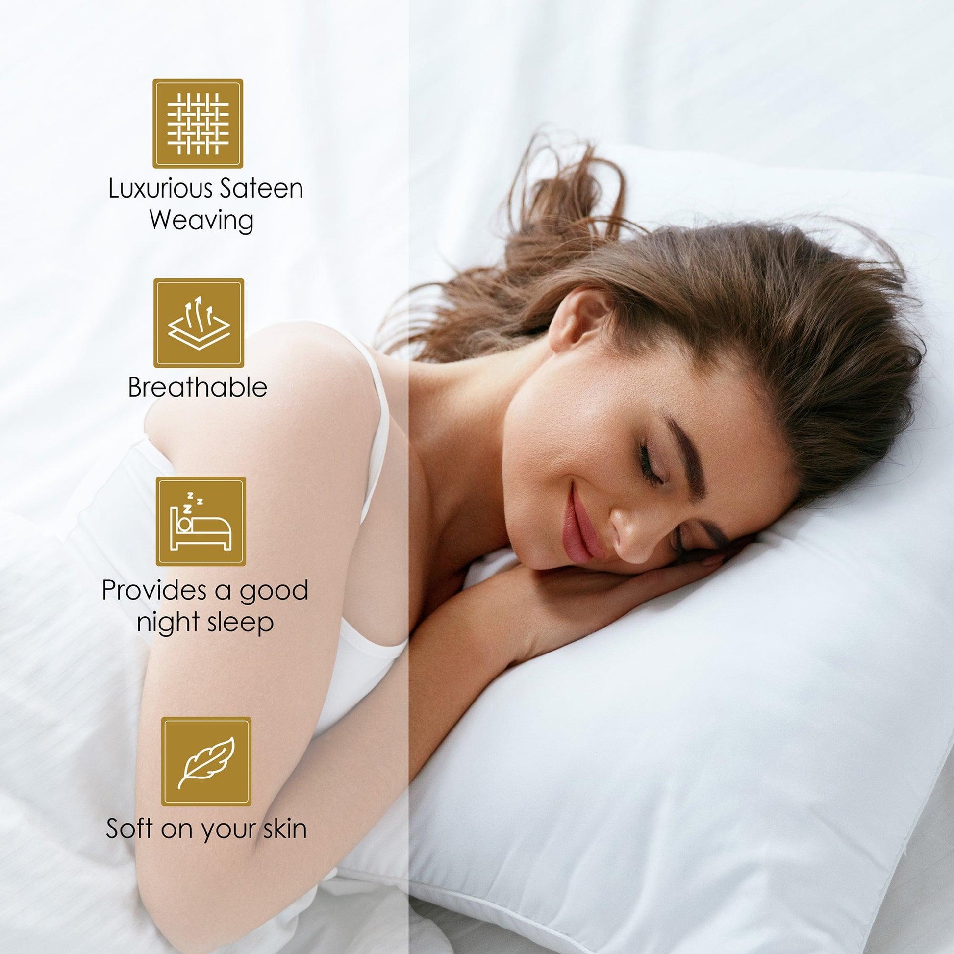 Woman sleeping on a white pillow with product feature icons