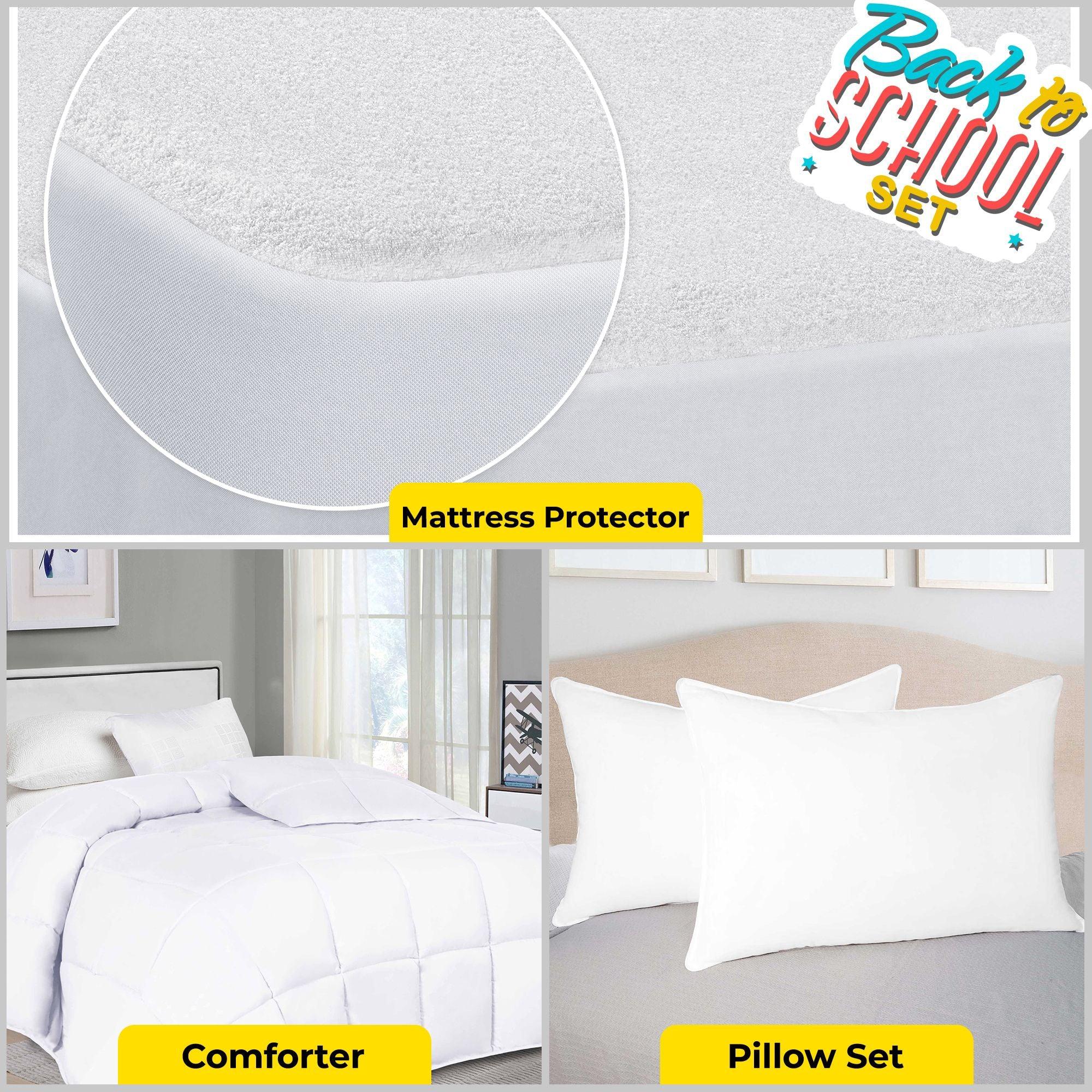 Comforter Mattress Protector Standard Pillows Set, Full/ Queen, White