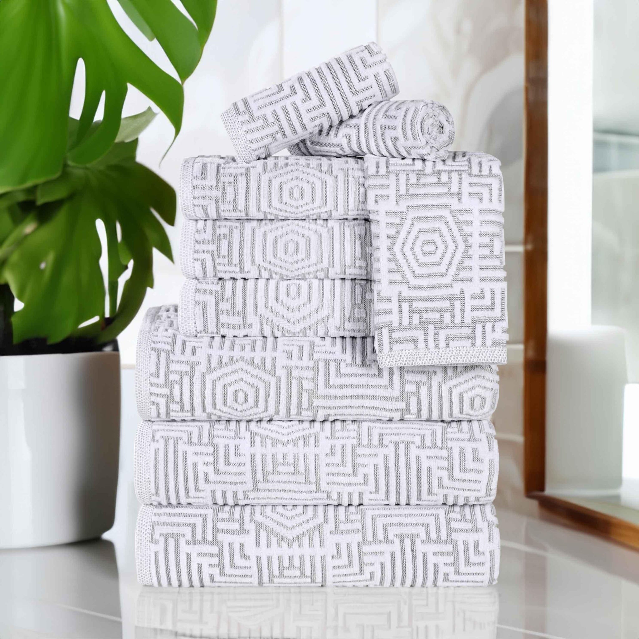 Cotton Modern Geometric Jacquard Plush Absorbent 9 Piece Towel Set