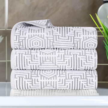 Cotton Plush Bath Towel Set 3-Piece Jasper Geometric Jacquard