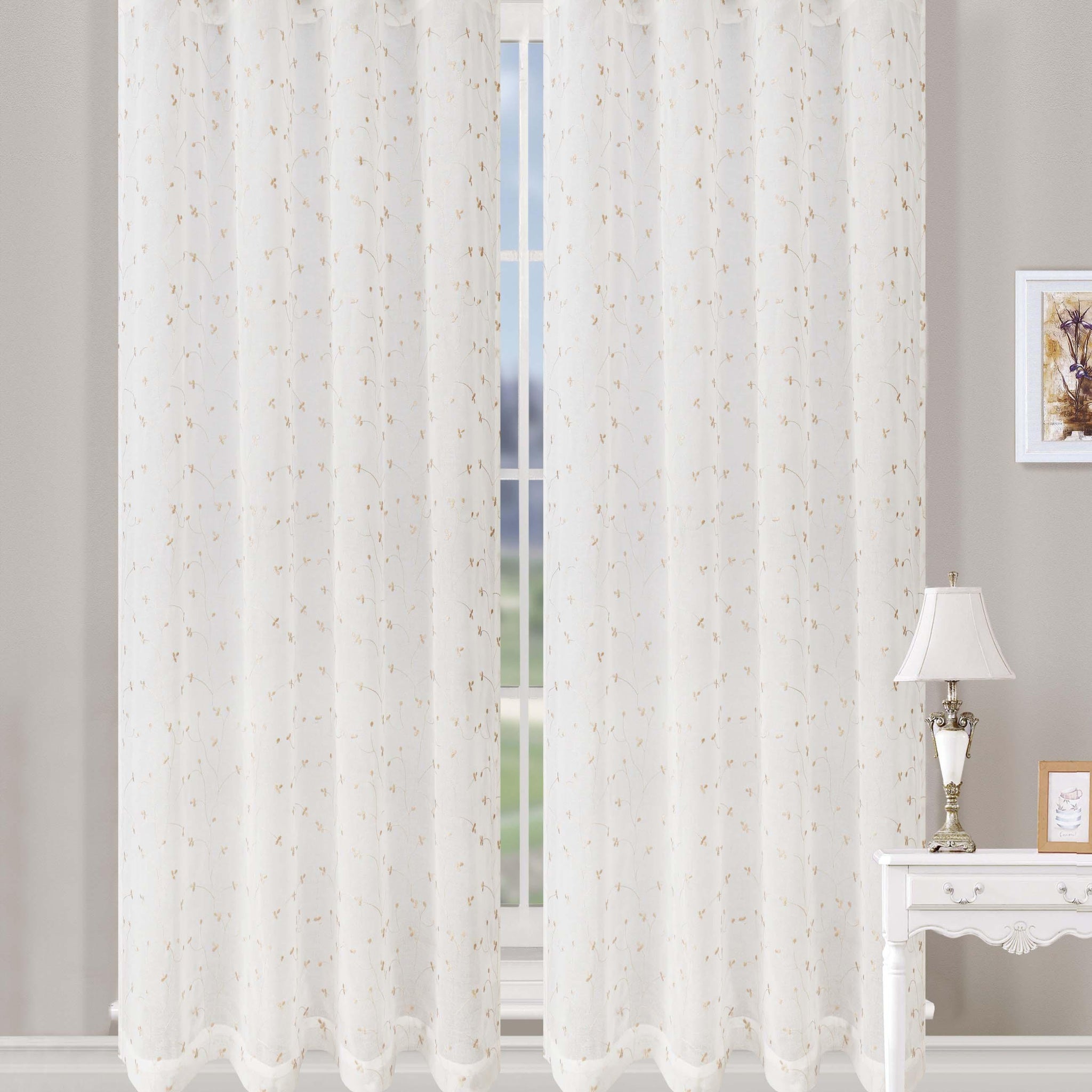 Embroidered Delicate Flower Sheer Grommet Curtain Panel Set