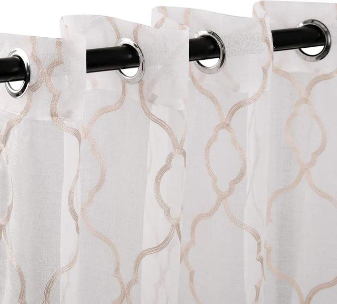 Embroidered Lattice Grommet Sheer Curtain Panel Set