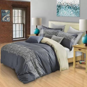 Harrison Embroidered Filigree Cotton Duvet Cover Set Gray