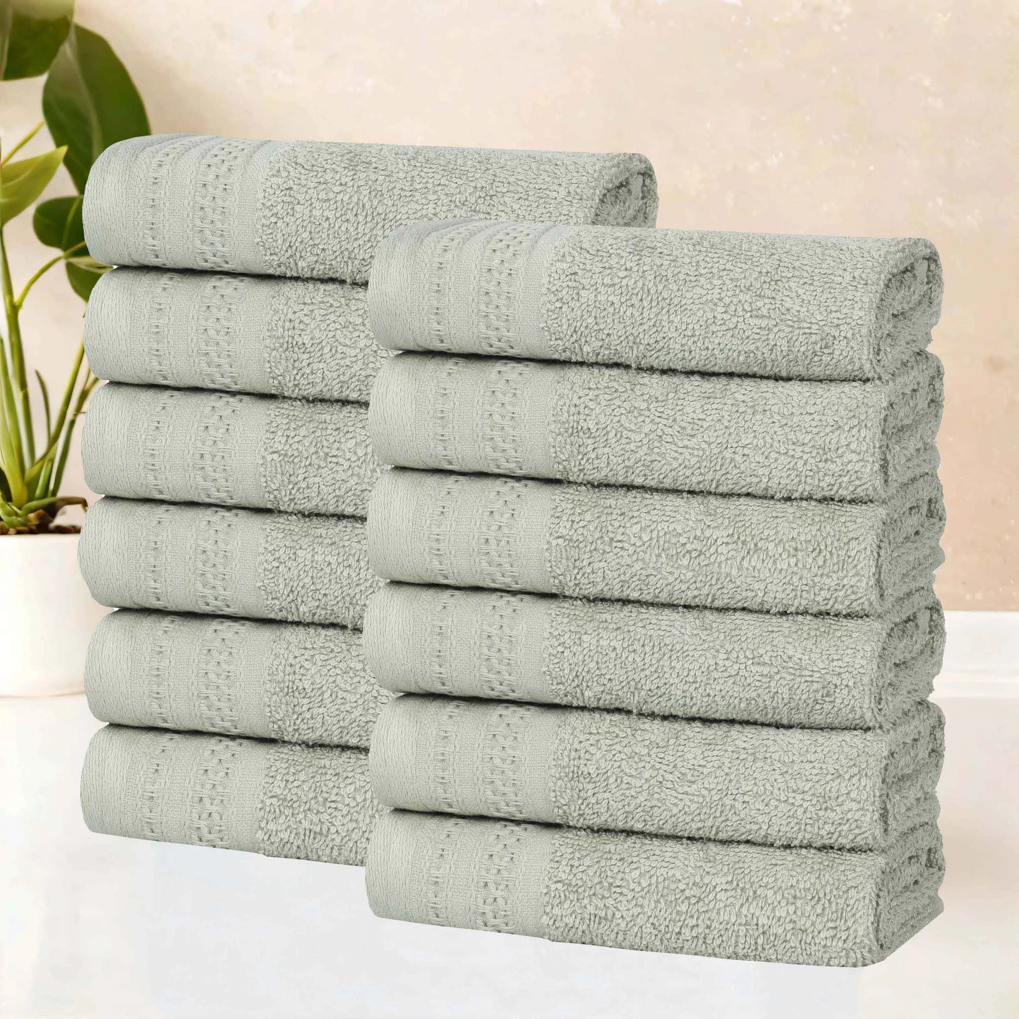 Honeycomb Textured Waffle Border Cotton Face Towels, Set of 12