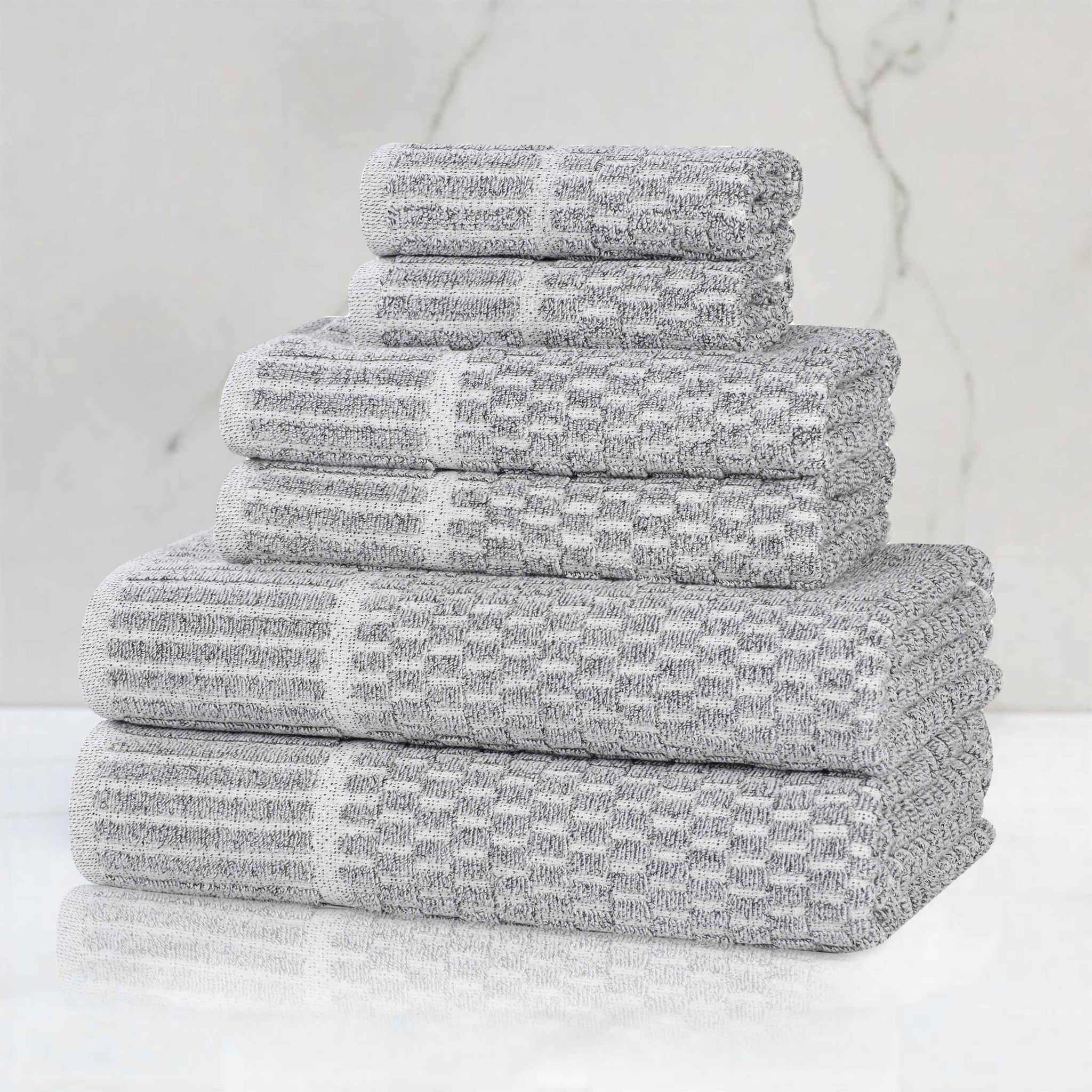 Juno Cotton Blend Textured Checkered Ribbed Border 6 Piece Towel Set
