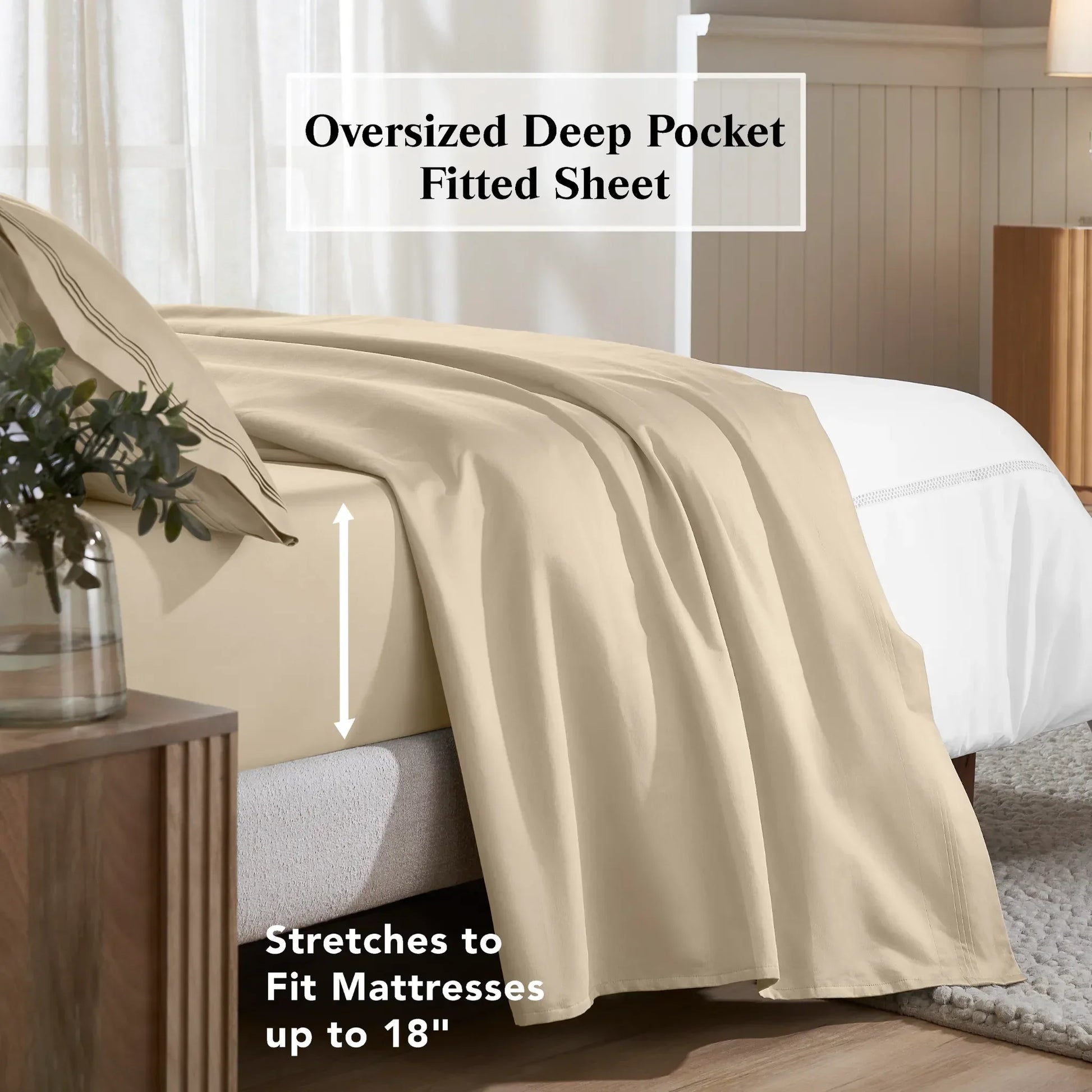 linen deep pocket fitted sheet showing an 18-inch mattress fit feature