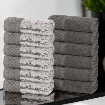 Lodie Cotton Jacquard Solid and Two-Toned Face Towel Washcloth Set of 12