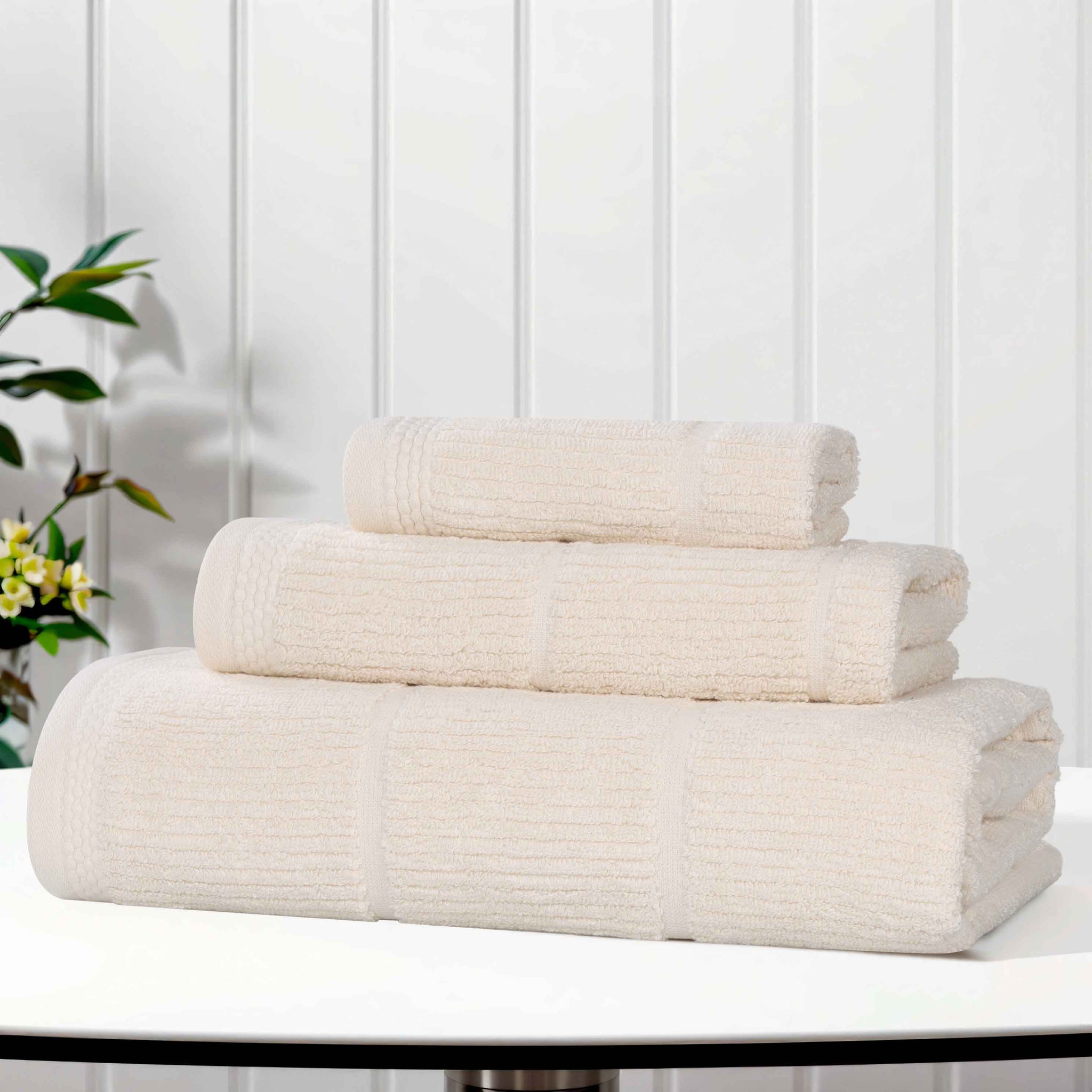 Milo Smart Twist Viscose Cotton Blend Solid Ribbed 3 Piece Towel Set