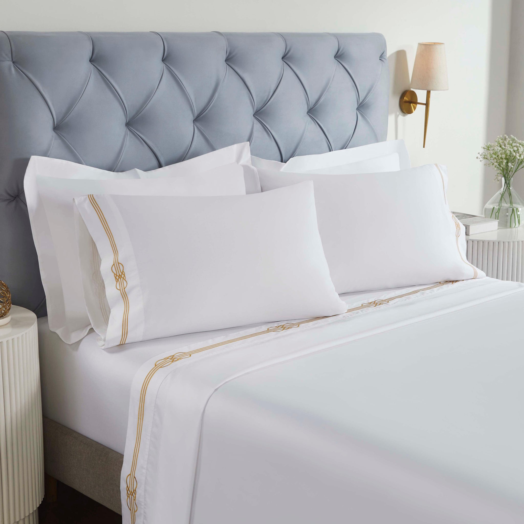 Moonlawn Cotton Gold Embroidered Deep Pocket Bed Sheet Set