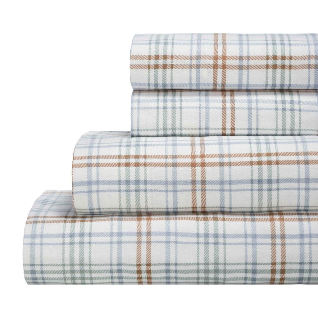 100% Cotton Flannel Plaid Bed Sheet Set - Classic Modern Farmhouse Deep Pocket