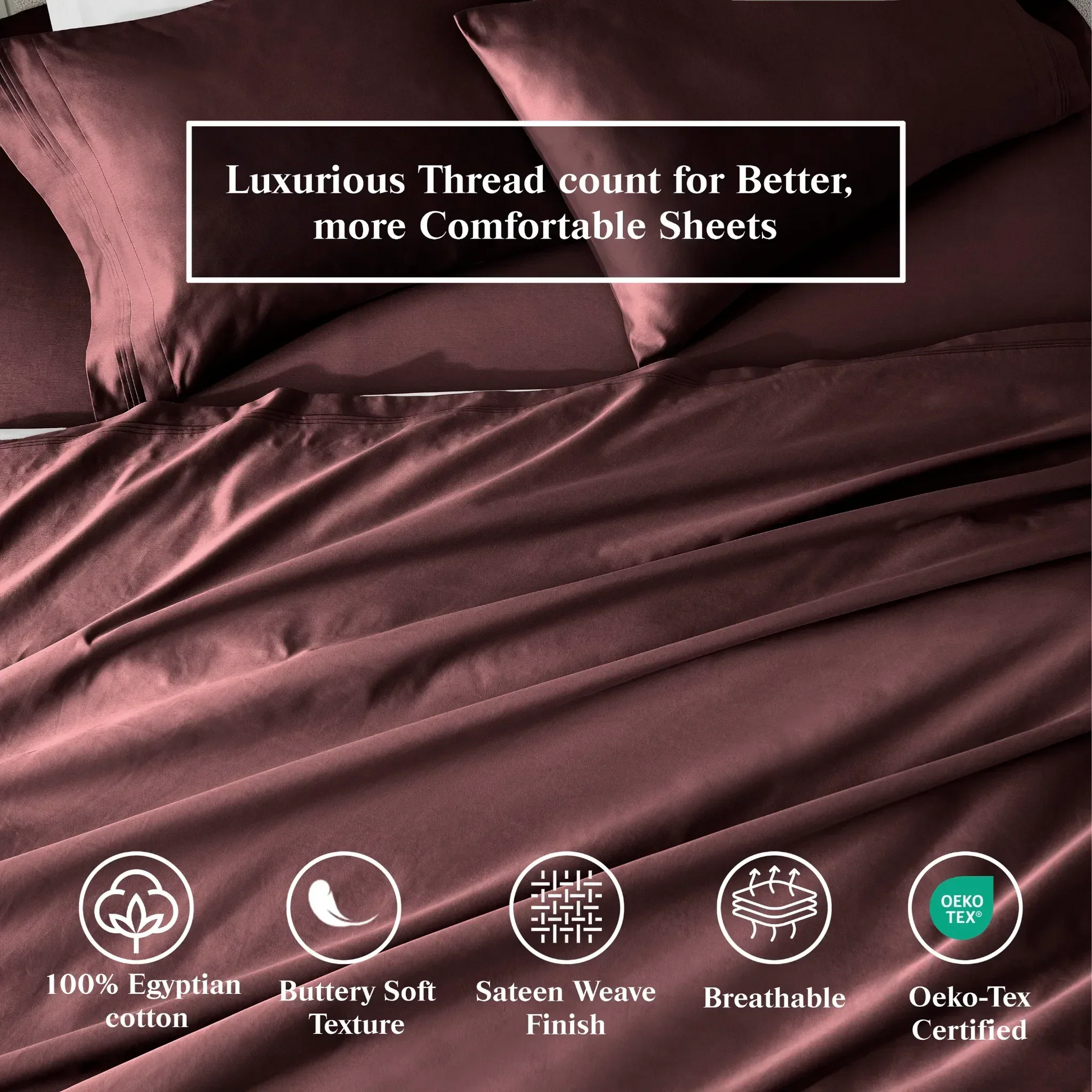plum 650 thread count Egyptian cotton sheets with a sateen weave, breathable fabric and OEKO-TEX certification.