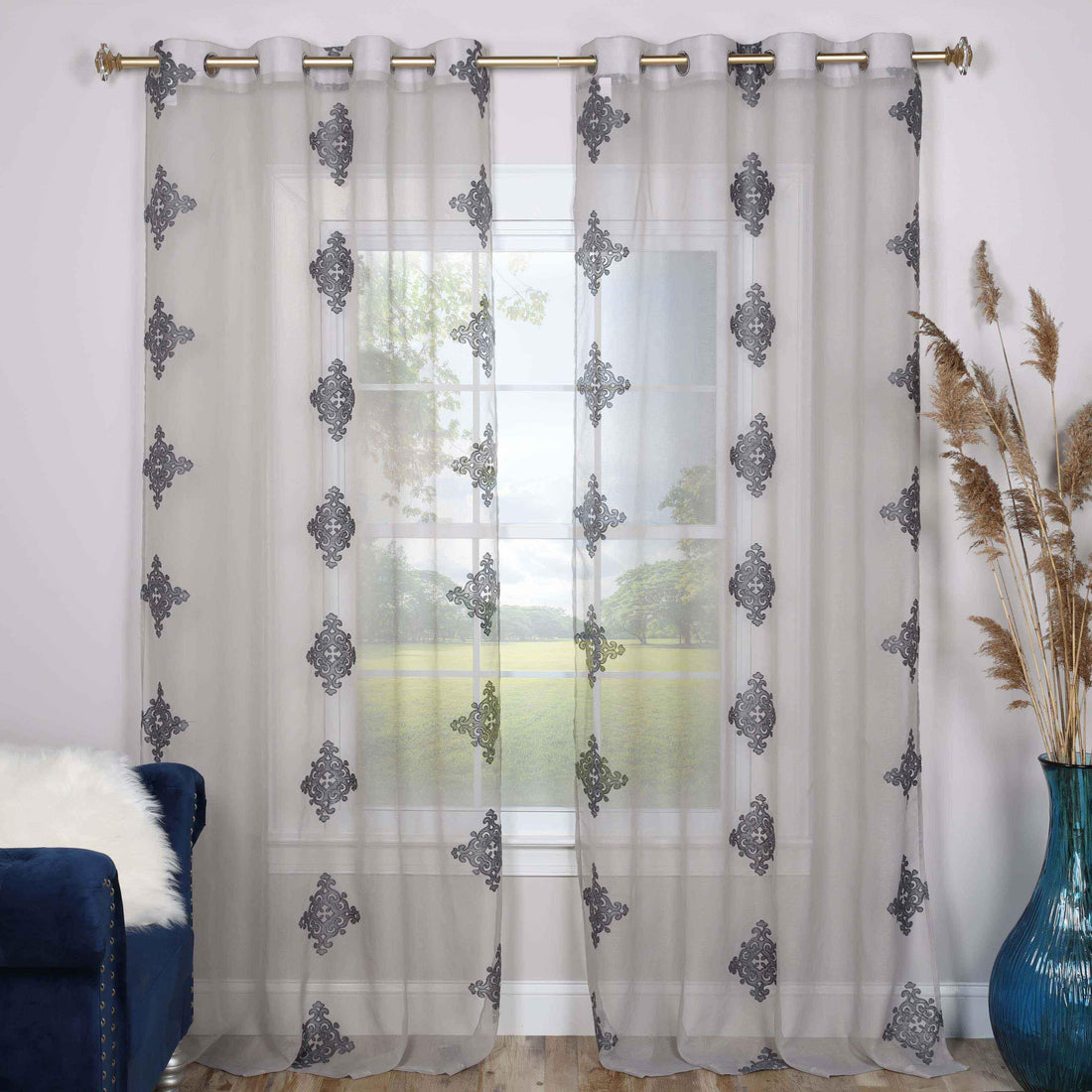 Traditional Embroidered Damask Sheer Grommet Curtain Panel Set