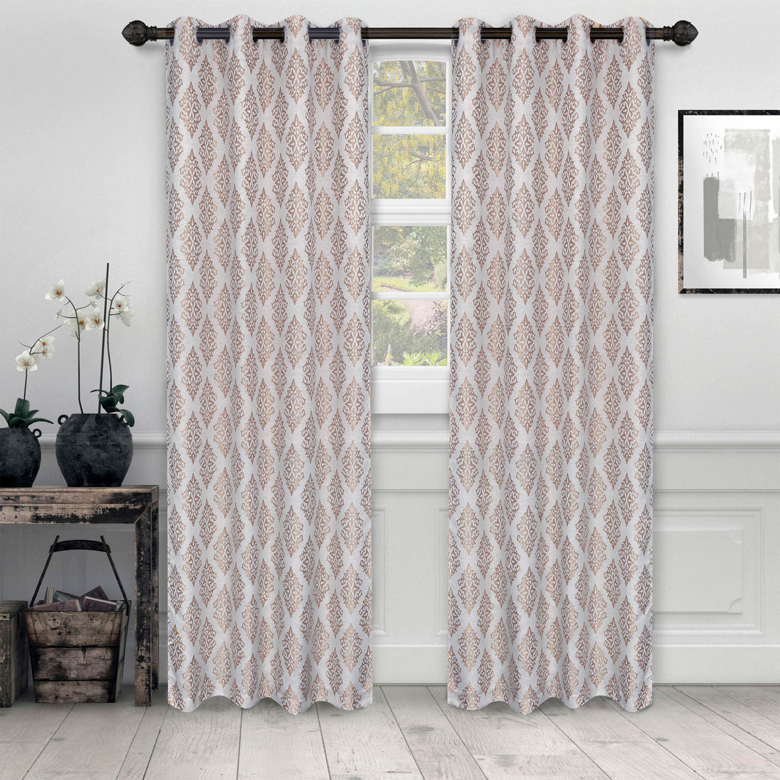 Venetian Damask Jacquard Grommet Traditional Curtain Panel Set
